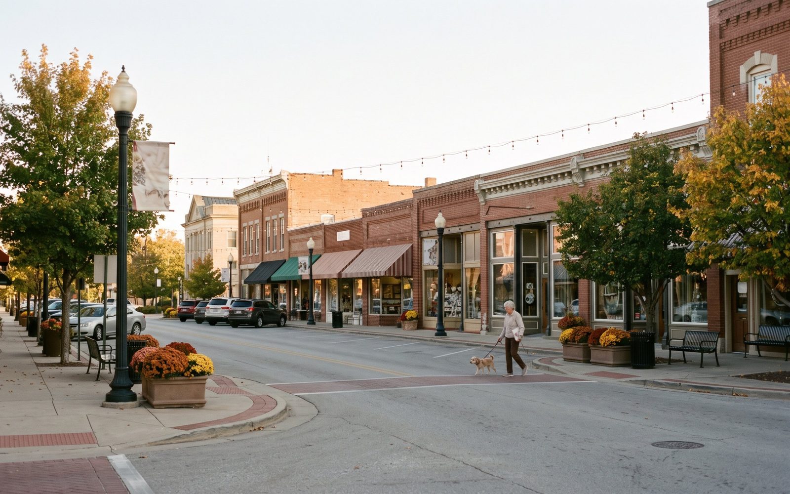 A woman walking her dog past shops on Main Street in Blue Springs