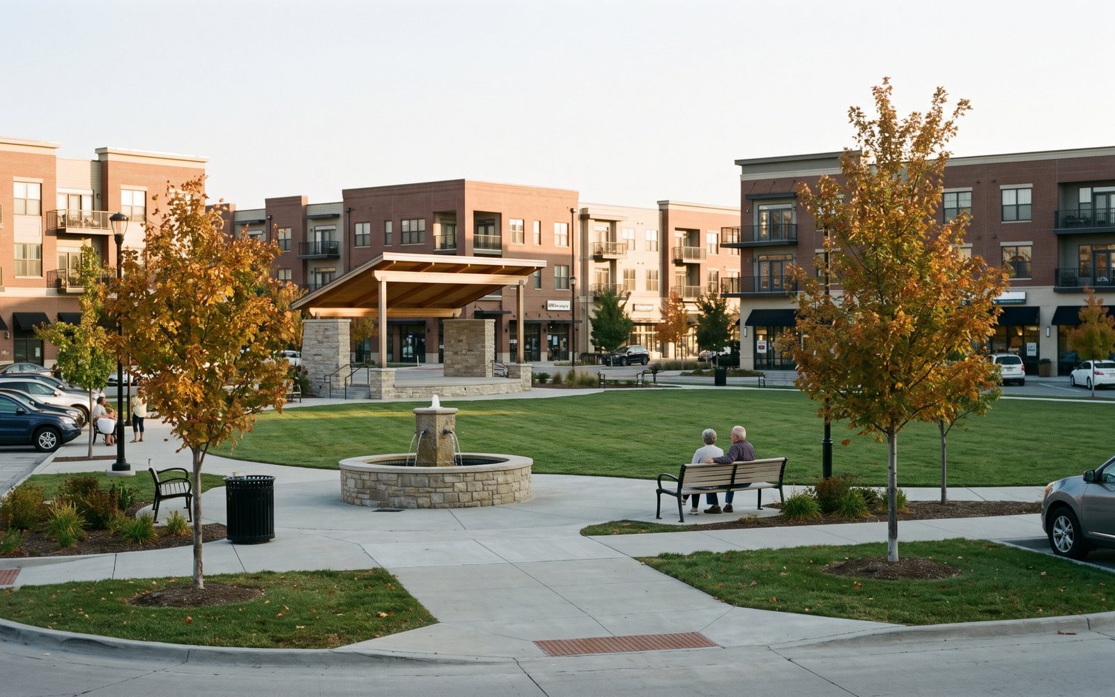 A couple on a bench by the fountain at a Gladstone town square park