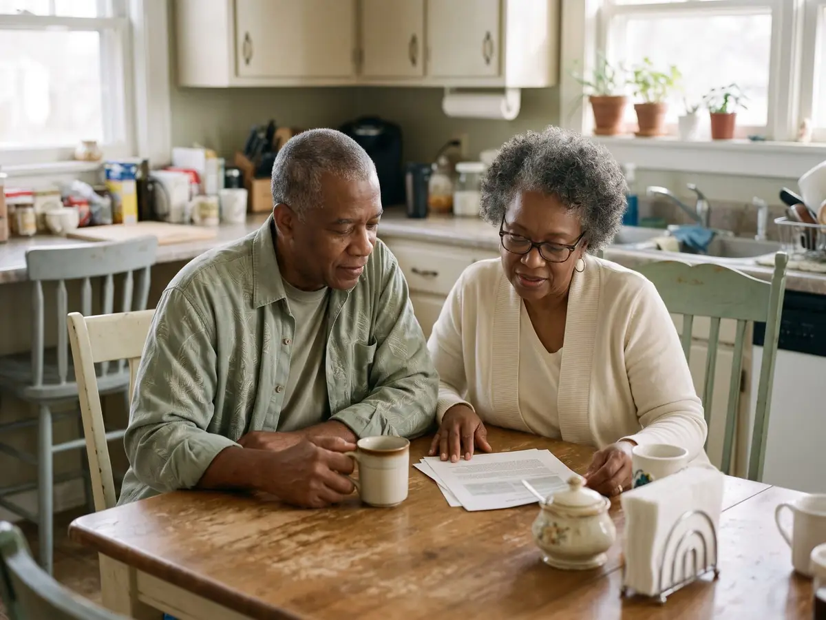 A couple at their kitchen table looking over paperwork together