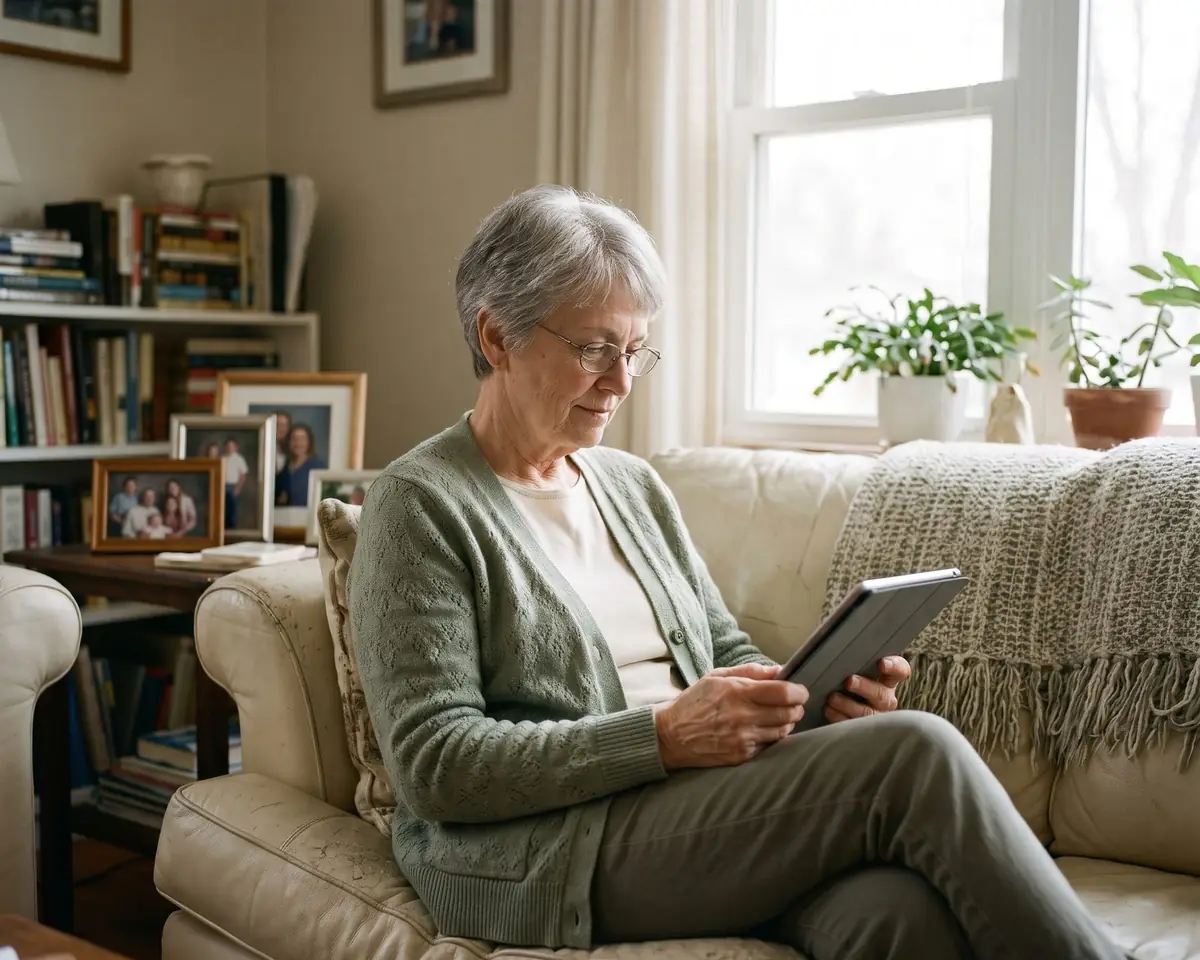 A woman in her sixties reading on a tablet at home in natural light