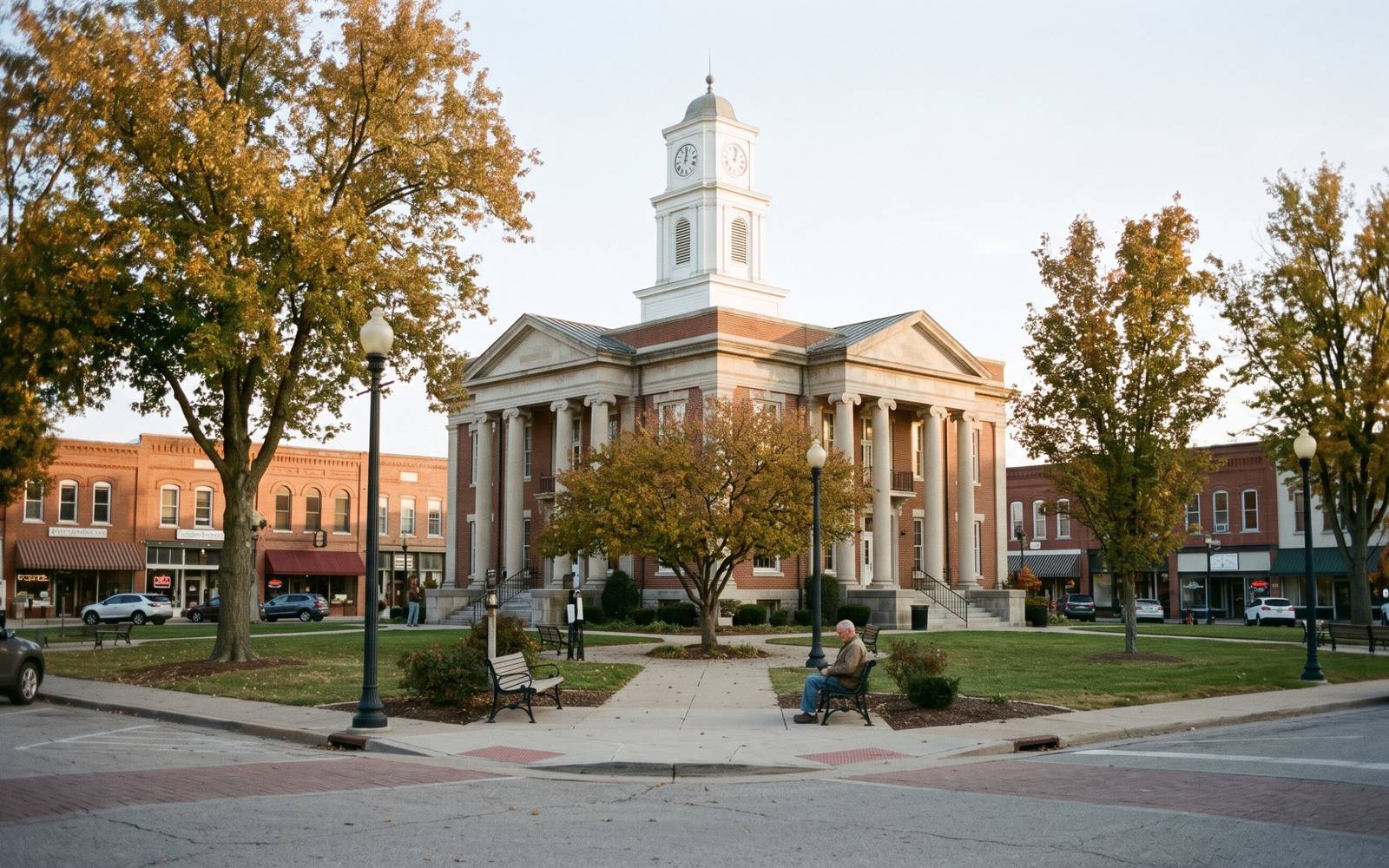 A courthouse square with a white clock tower in Independence