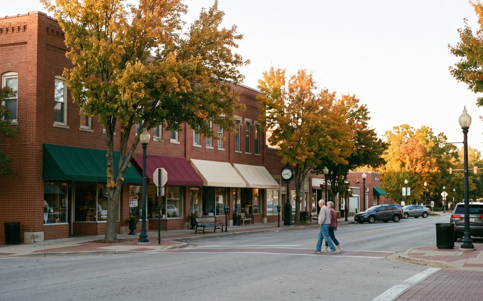Brick storefronts and a street clock in downtown Lee's Summit at dusk