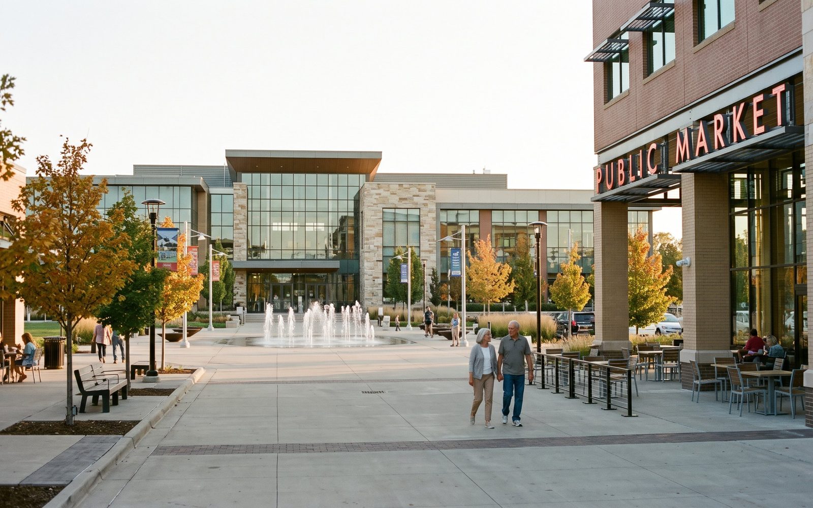 A couple walking across the plaza at Lenexa City Center