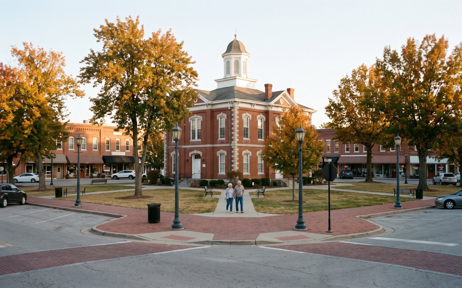 A couple on the historic square in Liberty in autumn