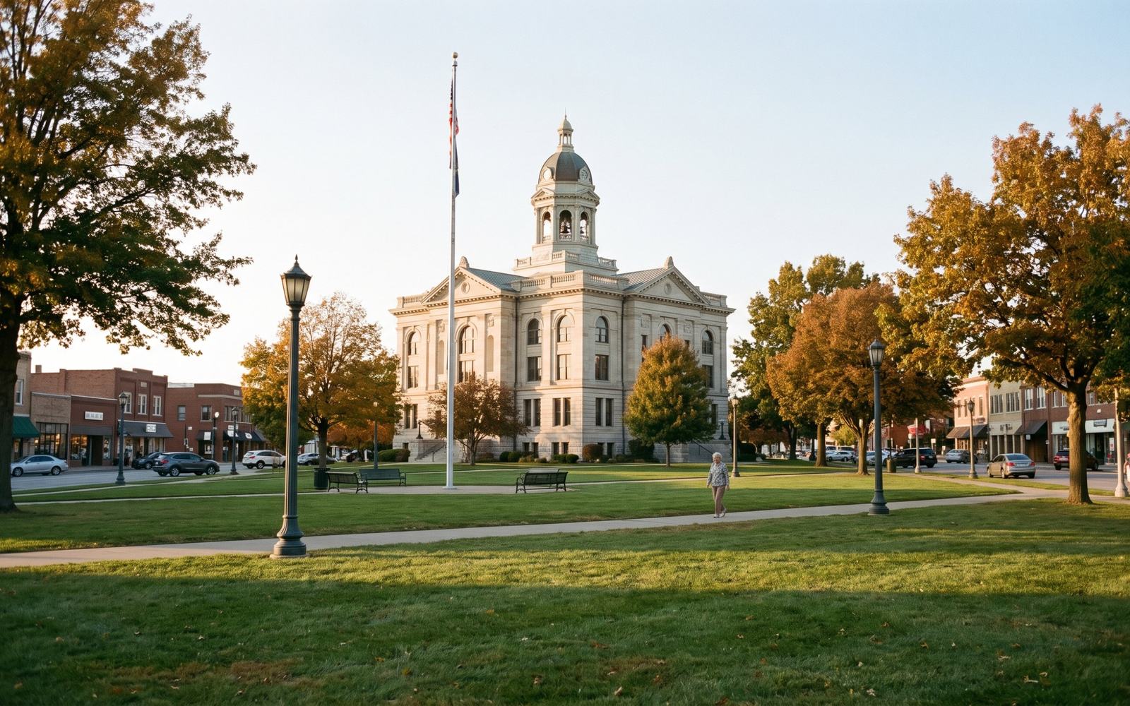 The limestone courthouse and lawn in Olathe in autumn