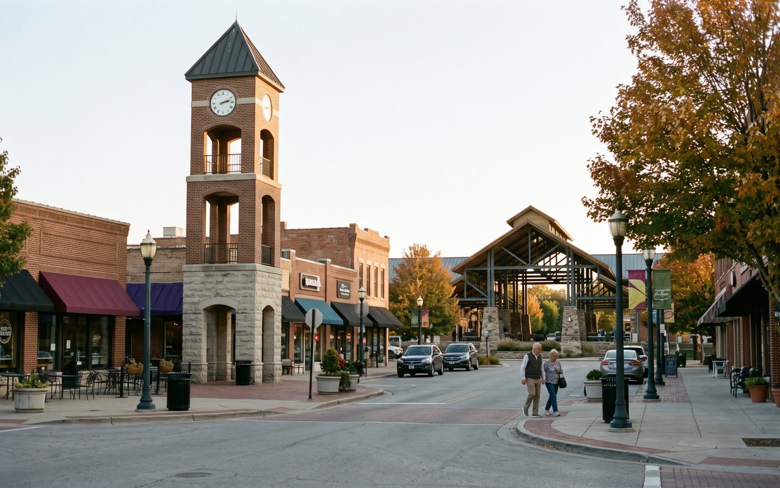 The clock tower in downtown Overland Park at dusk