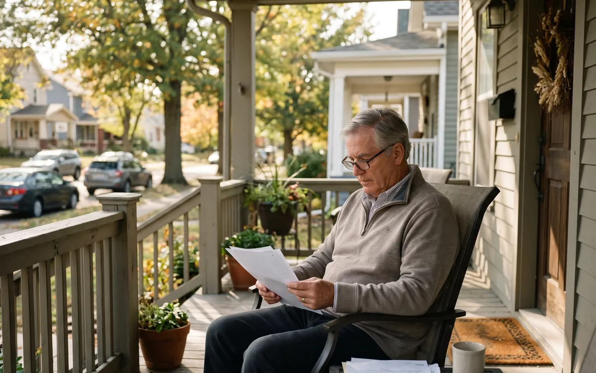 A man in his late sixties reading plan papers on his front porch in a Kansas City neighborhood
