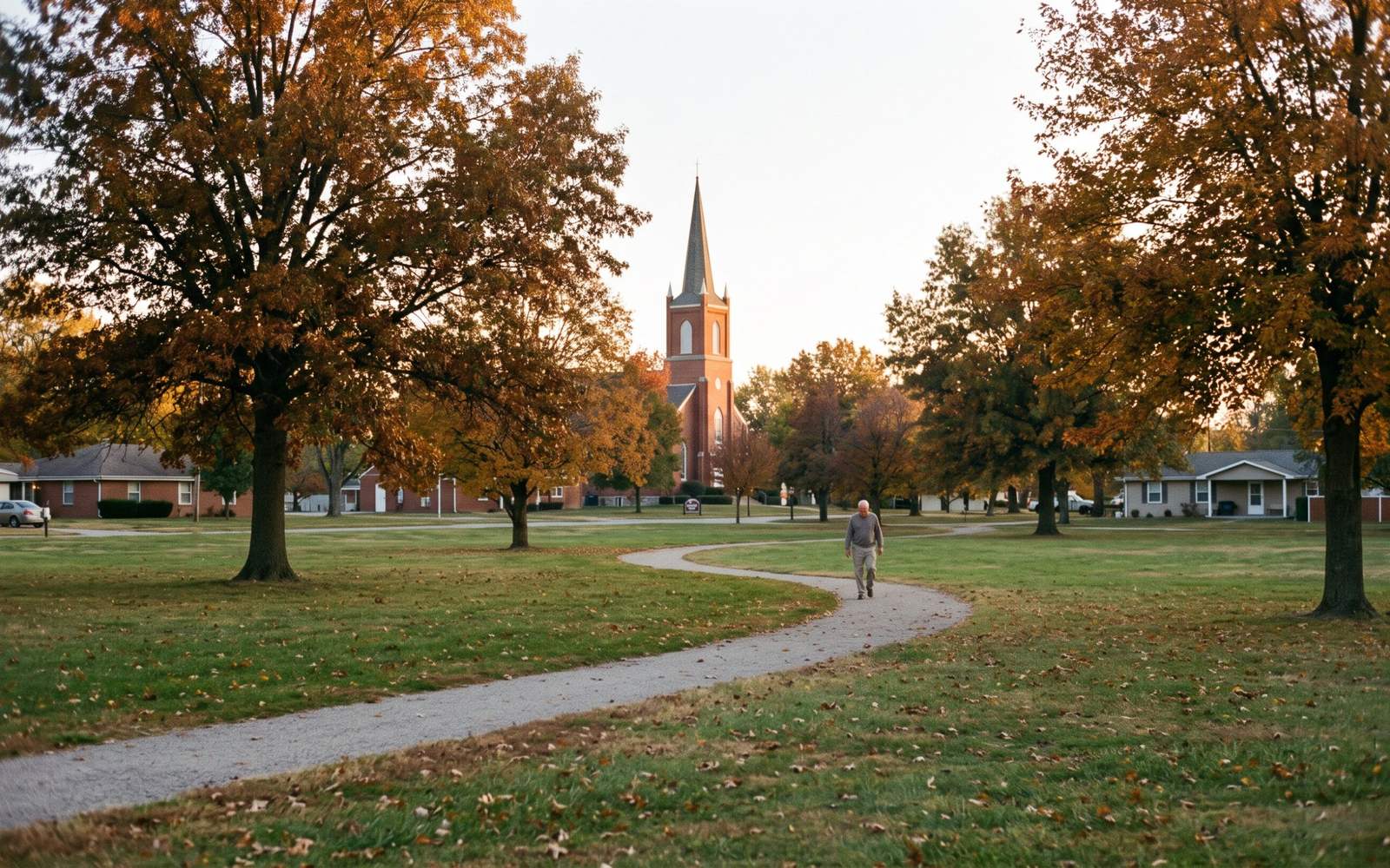 A man walking a park path with a church steeple behind him in Raytown