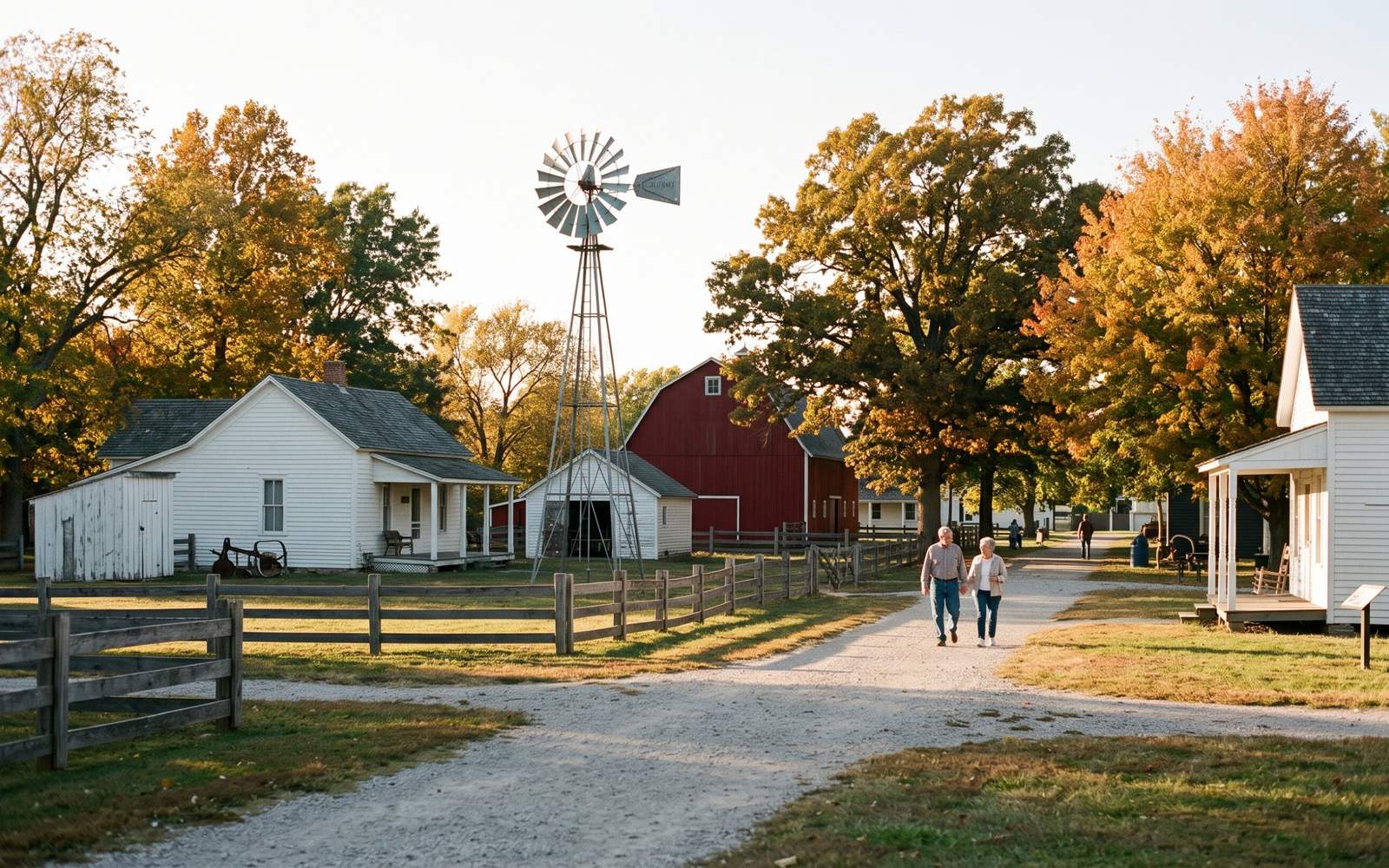 A couple strolling past a windmill and red barn at a historic farm village in Shawnee