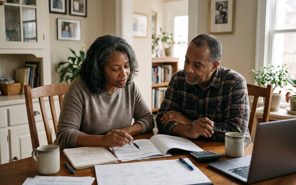 A couple in their early sixties planning retirement dates together at the dining table