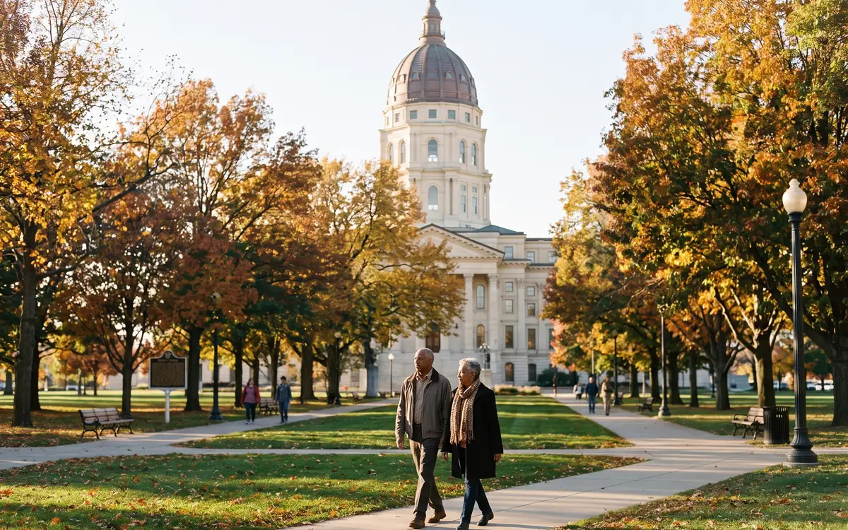 The Kansas State Capitol dome in Topeka on a clear fall day